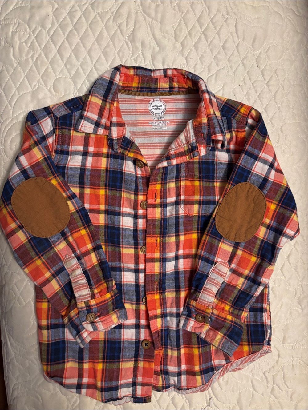 wonder nation Orange, Blue & Red Plaid Button-Down Shirt with Elbow Patches